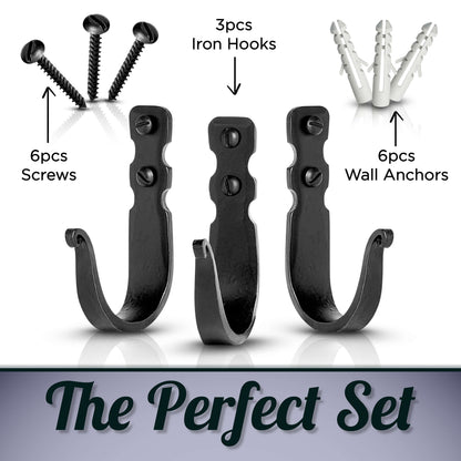 Basic Decorative Wrought Iron Wall Hooks  - Set Of 3 